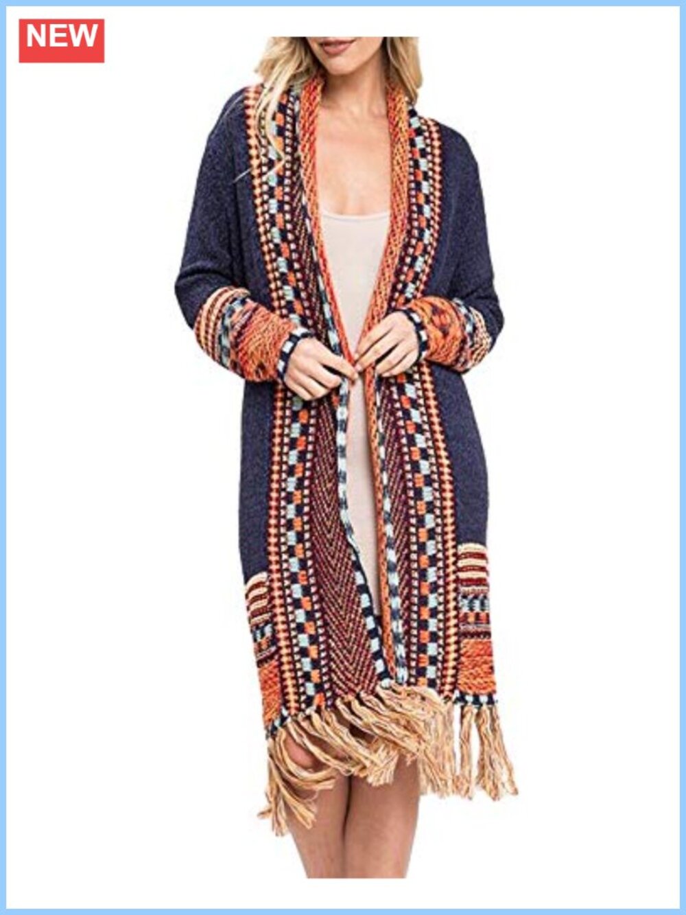 Boho Open Front Maxi Cardigan 100% Acrylic Tassel Fringe Knit Sweater